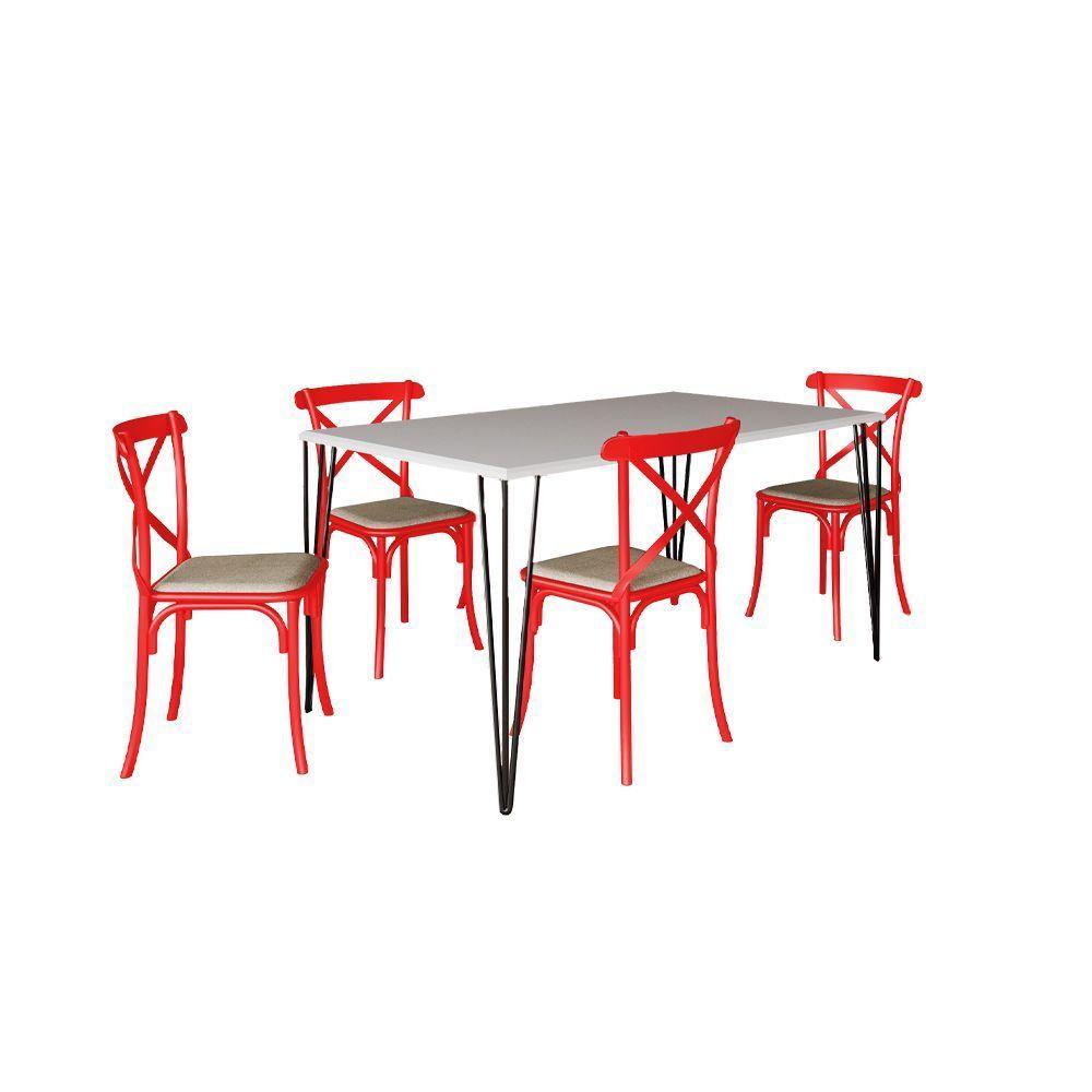 Conjunto De Mesa Elen Retangular 140X80Cm Branco Com 4 Cadeiras Katrina Vermelha As - Branco - 5