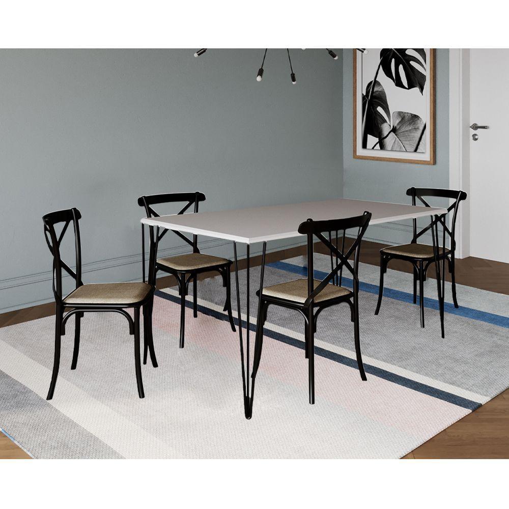 Conjunto De Mesa Elen Retangular 140X80Cm Branco Com 4 Cadeiras Katrina Preto Assen - Branco - 1
