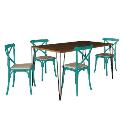 Conjunto De Mesa Elen Retangular 150X90Cm Amêndoa Com 4 Cadeiras Katrina Azul Turqu - Marrom