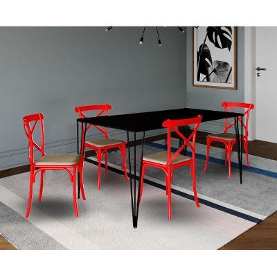Conjunto De Mesa Elen Retangular 150X90Cm Preto Com 4 Cadeiras Katrina Vermelha Ass - Preto