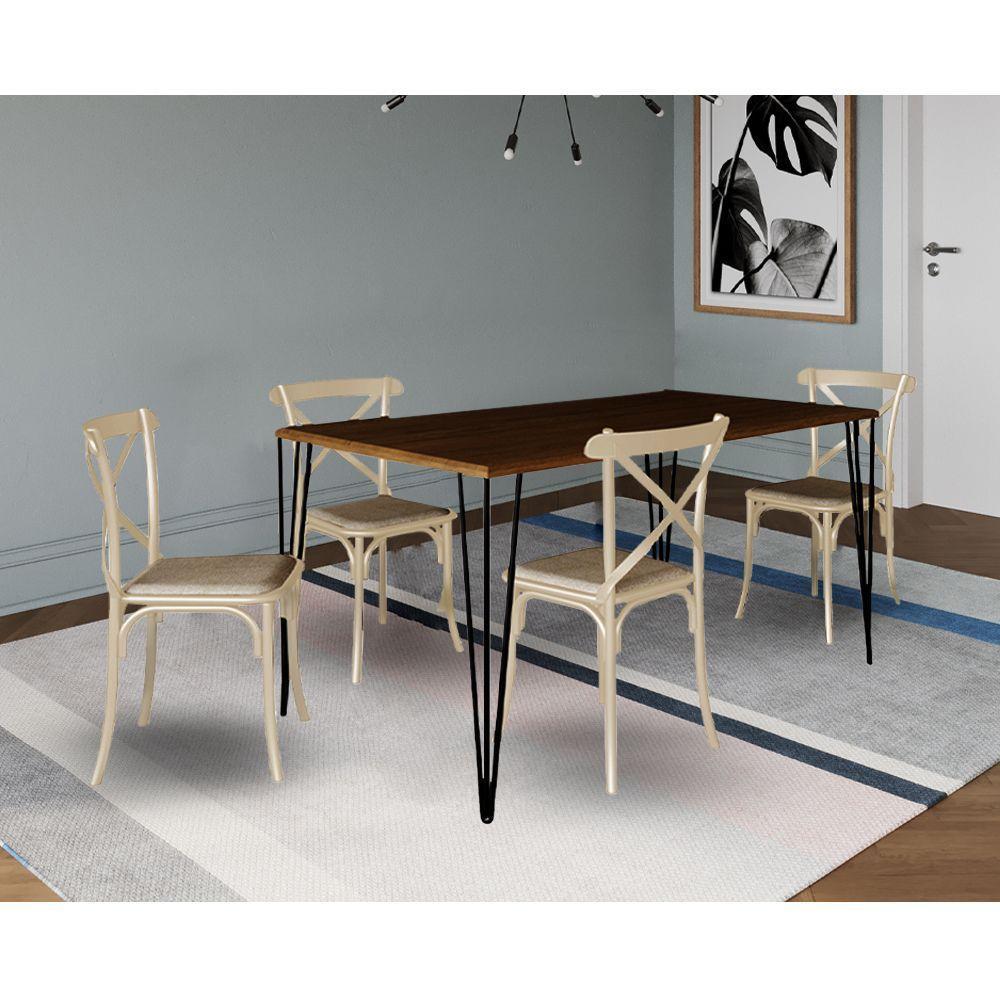 Conjunto De Mesa Elen Retangular 140X80Cm Preto Com 4 Cadeiras Katrina Off White As - Marrom - 1