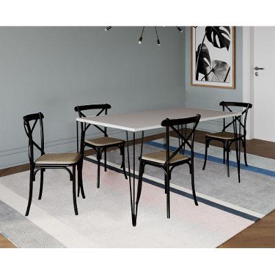 Conjunto De Mesa Elen Retangular 150X90Cm Branco Com 4 Cadeiras Katrina Preto Assen - Branco