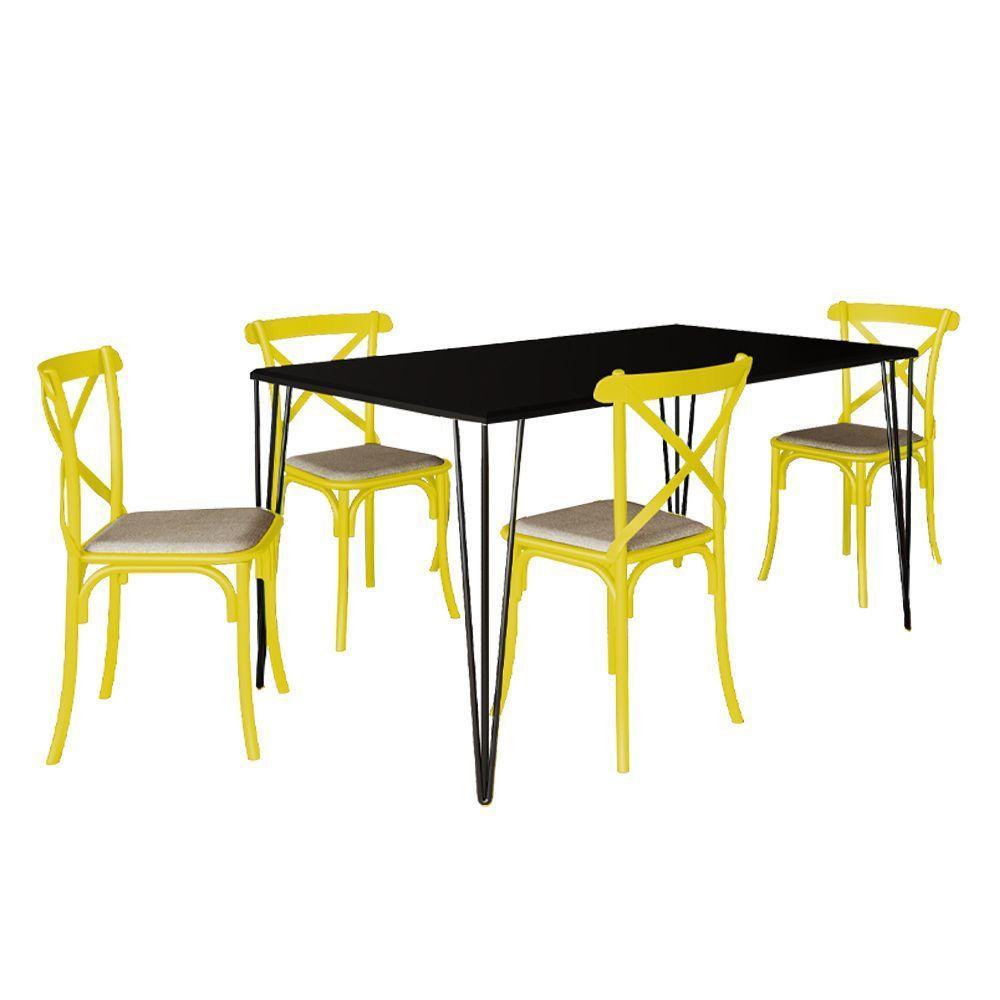 Conjunto De Mesa Elen Retangular 140X80Cm Preto Com 4 Cadeiras Katrina Amarela Asse - Preto - 5