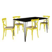 Conjunto De Mesa Elen Retangular 150X90Cm Preto Com 4 Cadeiras Katrina Amarela Asse - Preto - 5