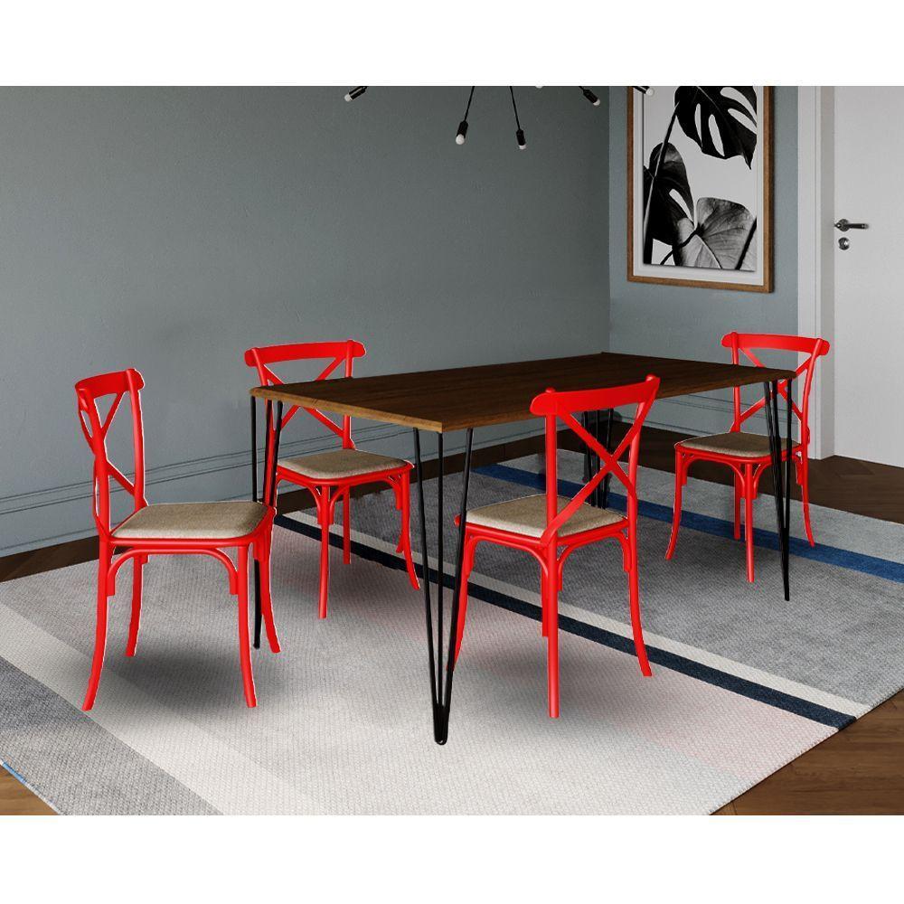 Jogo De Mesa Elen Retangular 140X80Cm Amêndoa Com 4 Cadeiras Katrina Vermelha Assen - Marrom - 1