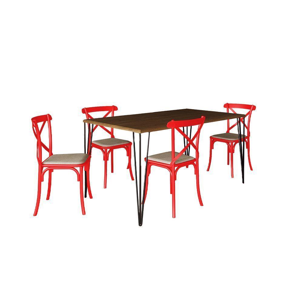 Jogo De Mesa Elen Retangular 140X80Cm Amêndoa Com 4 Cadeiras Katrina Vermelha Assen - Marrom - 5