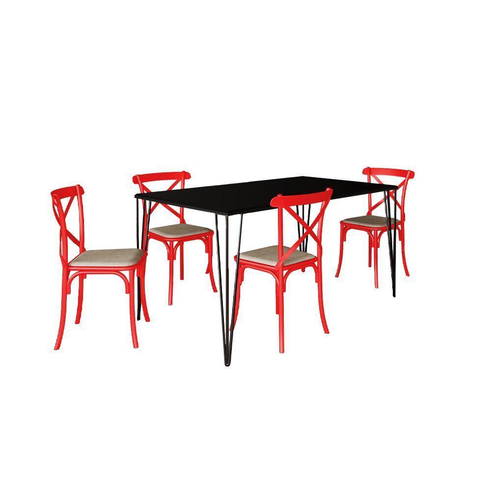 Jogo De Mesa Elen Retangular 140X80Cm Preto Com 4 Cadeiras Katrina Vermelha Assento - Preto - 5