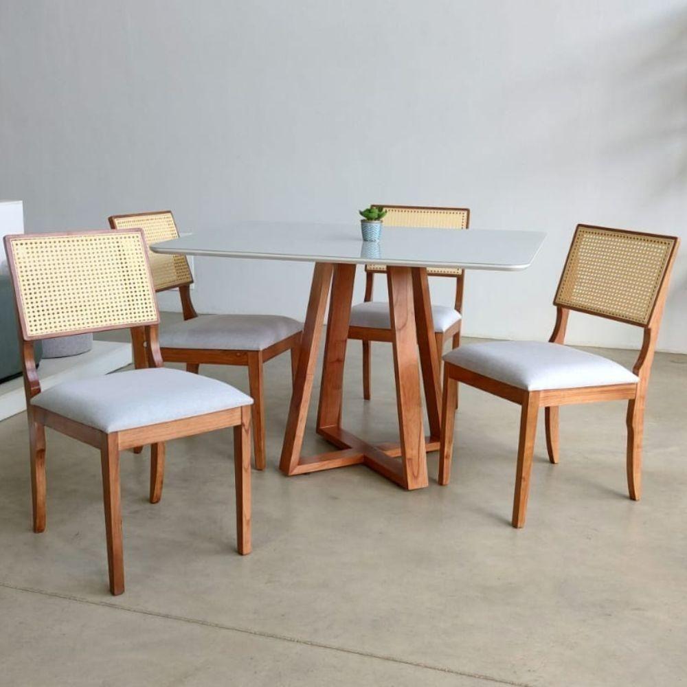 Mesa De Jantar Luna Tampo Retangular Off White 1,40 M Com Base Em Madeira - 6