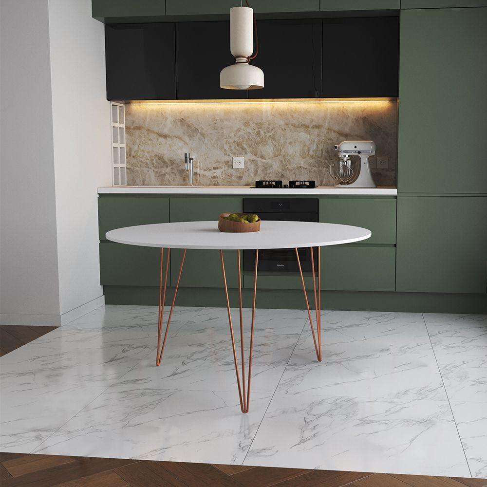 Mesa De Jantar Redonda 110Cm Branca Clips 3 Pés Base Cobre Cor: Branco - 1