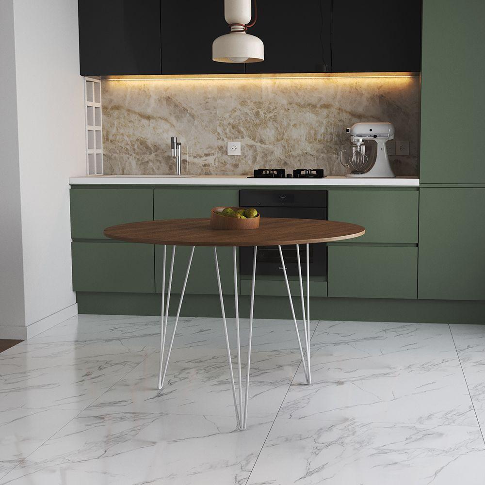 Mesa De Jantar Redonda 90Cm Amêndoa Clips 3 Pés Ferro Branco Cor: Amendoa - 1