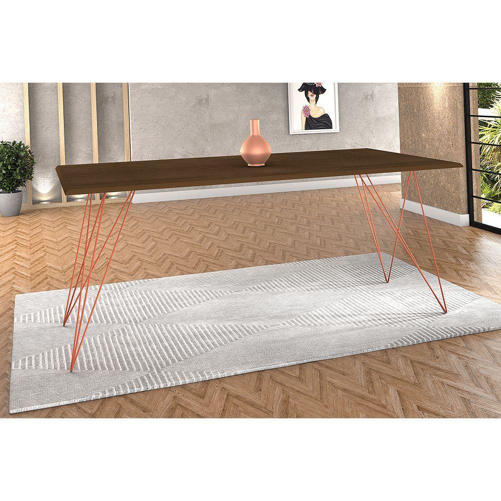 Mesa De Madeira Trama Base Cobre Com Tampo Amêndoa 140 X 80 - New Green - Marrom - 1