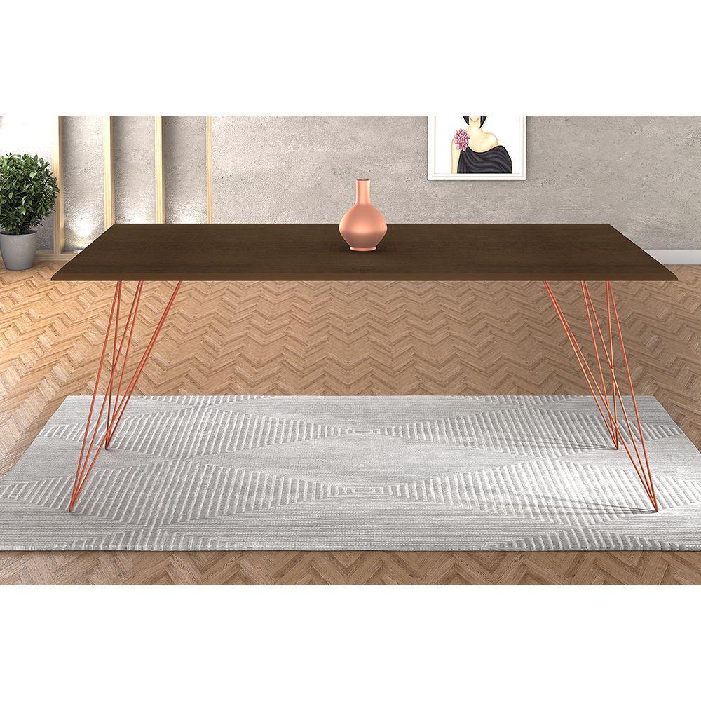 Mesa De Madeira Trama Base Cobre Com Tampo Amêndoa 140 X 80 - New Green - Marrom - 5