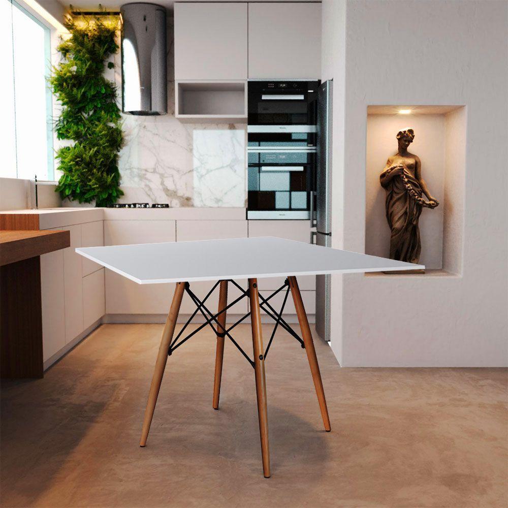 Mesa Eames Eiffel Quadrado Tampo De Madeira 90Cm Branco - Branco - 1