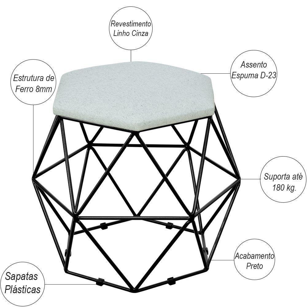 Kit 02 Puffs Aramado Preto Six L02 Linho Cinza - 5