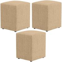 Kit 03 Puffs Quadrado L02 Decorativo Linho Bege Escuro - 1