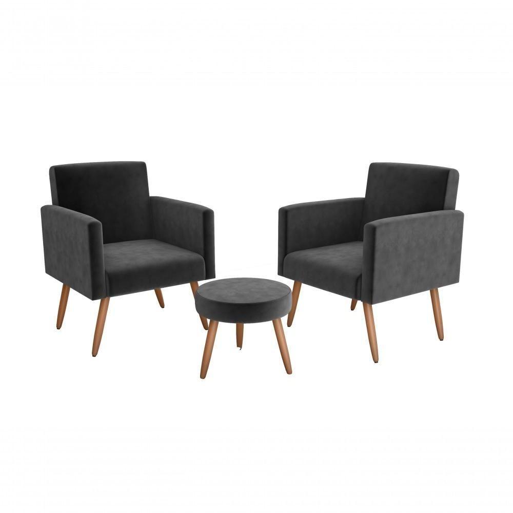 Conjunto 02 Poltronas Decorativas E 1 Puff Dallas - Chumbo - 1