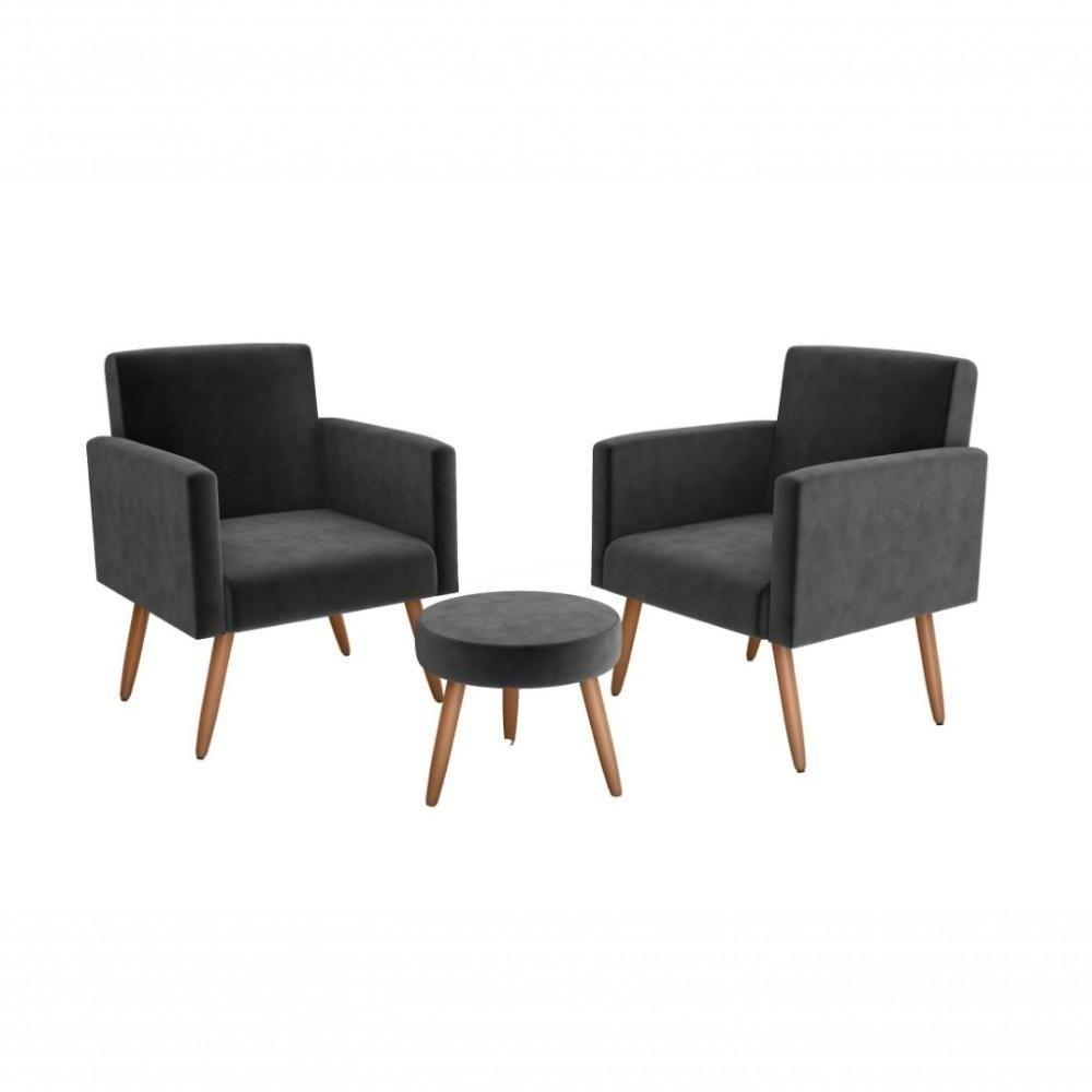 Conjunto 02 Poltronas Decorativas E 1 Puff Dallas - Chumbo - 2