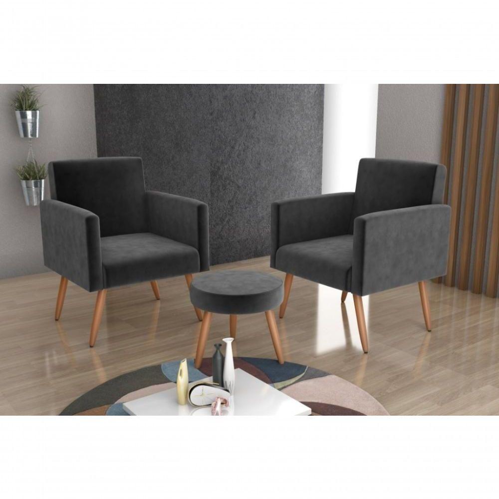 Conjunto 02 Poltronas Decorativas E 1 Puff Dallas - Chumbo - 3
