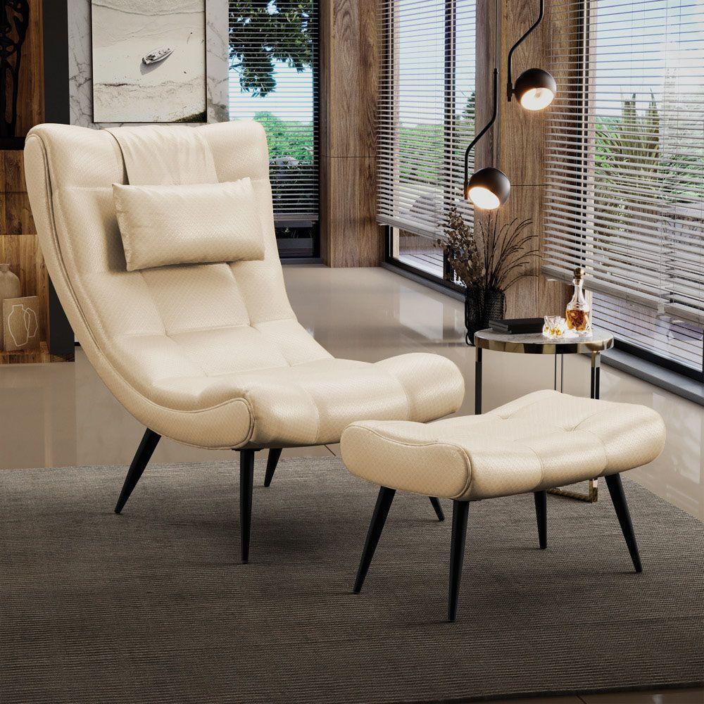 Kit 01 Poltrona E 01 Puff Sher Facto Bege Pés Palito De Ferro - D'rossi - 5