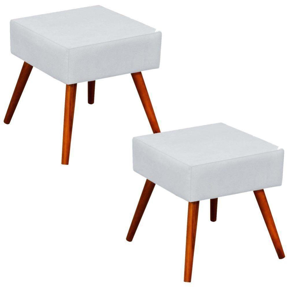 Kit 02 Puffs Banqueta Com Pés Palito Corino Branco - 1