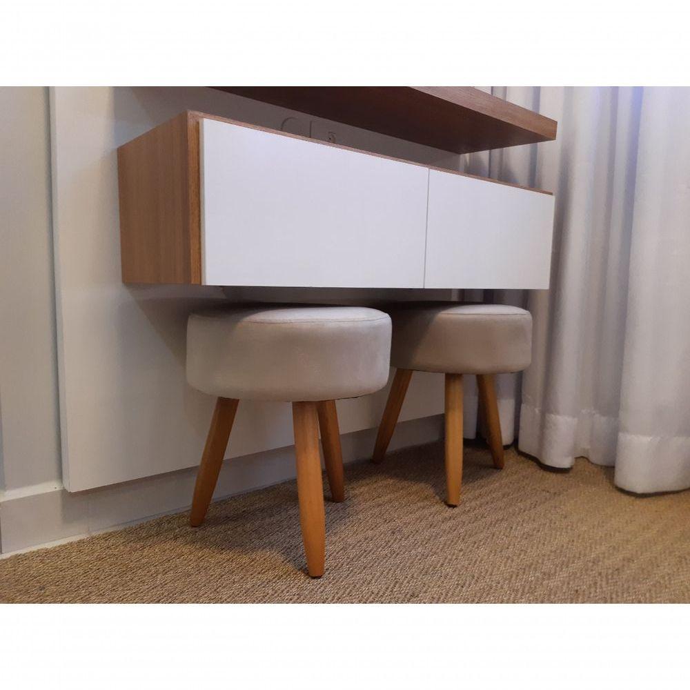 Combo 2 Puf Pufe Banqueta Magnus Redondo Bege Pés Castanho - 2