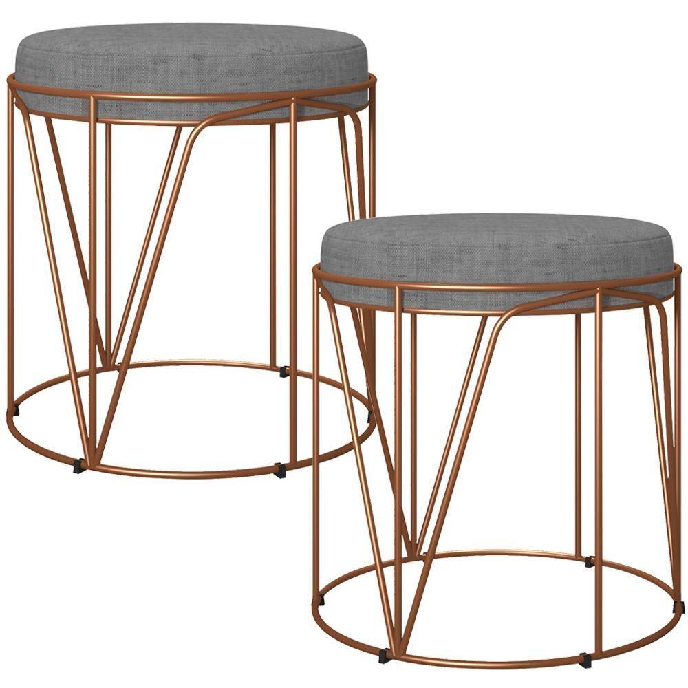 Kit 02 Puffs Aramado Bronze Zaya L02 Linho Cinza Escuro - 1