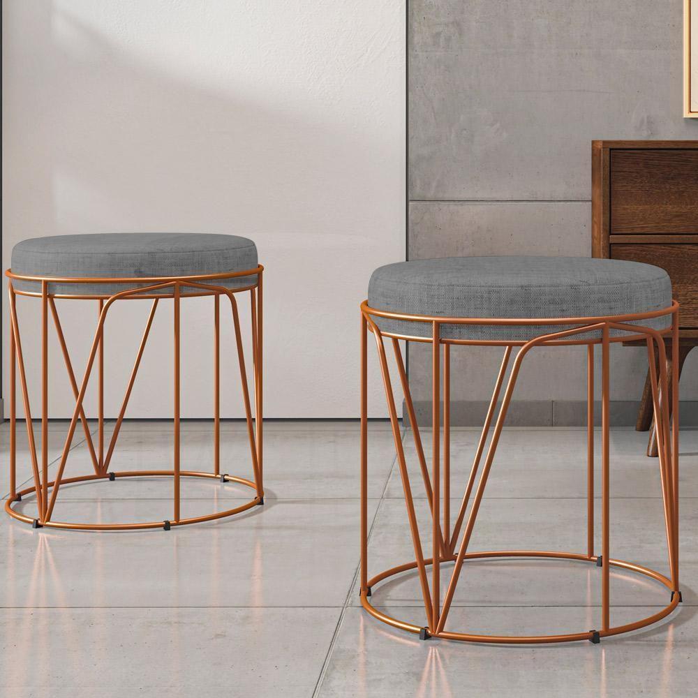 Kit 02 Puffs Aramado Bronze Zaya L02 Linho Cinza Escuro - 4