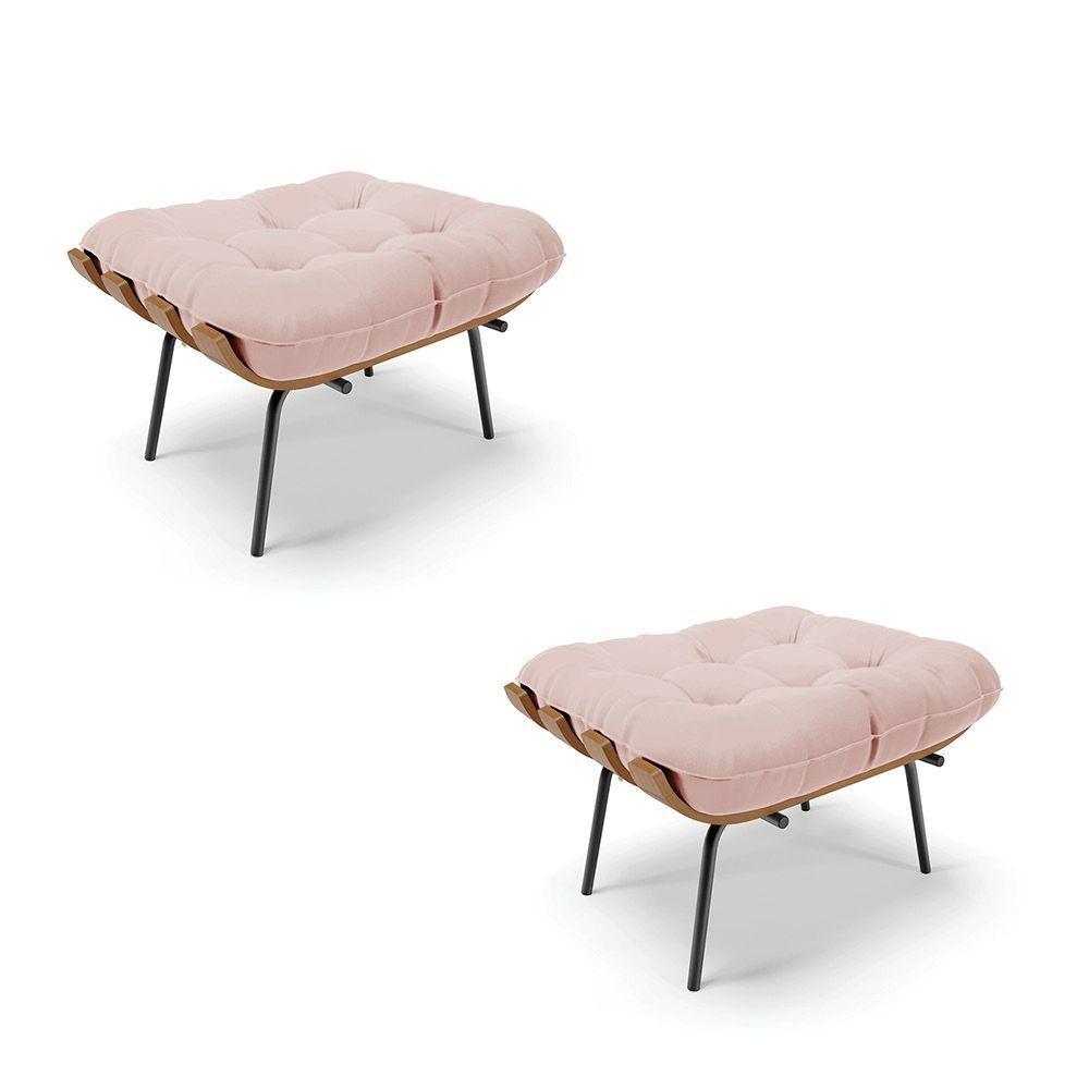 Kit 02 Puffs Costela Veludo Base Metálica Preto Cor Rose - 1