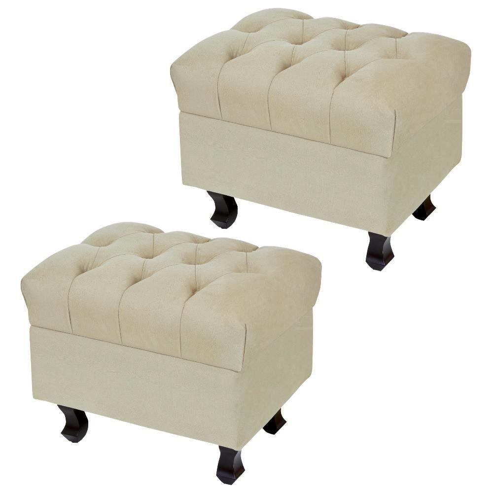 Kit 02 Puffs París Luis Xv Capitone Suede Bege Pés Madeira - 1