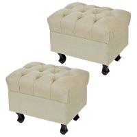 Kit 02 Puffs París Luis Xv Capitone Suede Bege Pés Madeira - 1