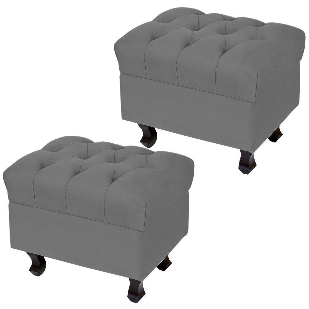 Kit 02 Puffs París Luis Xv Capitone Suede Cinza Pés Madeira - 1