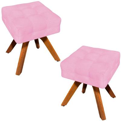 Kit 2 Puffs Decorativos Base Giratória Karen Suede Rosa
