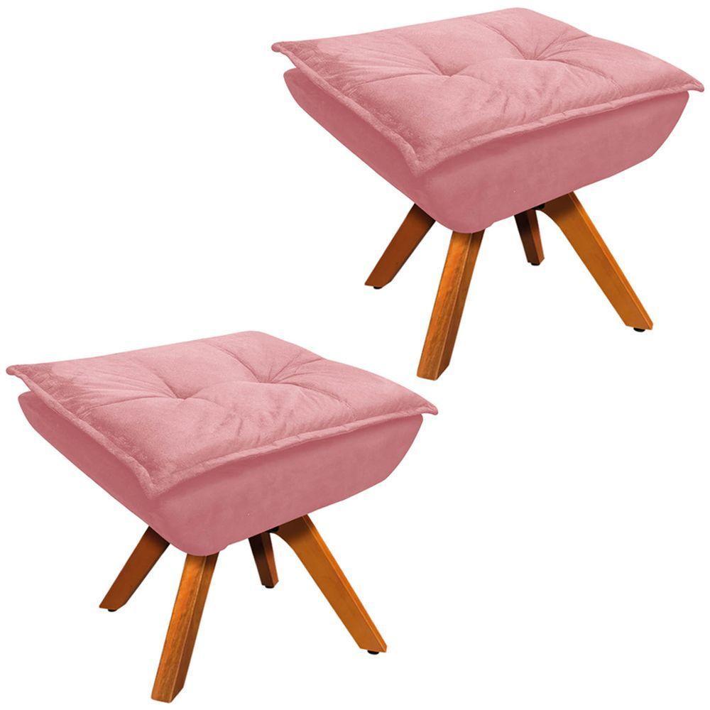 Kit 2 Puff'S Decorativos Base Giratória Em Madeira Charger Suede Rosê G19 - Gran Belo - 1