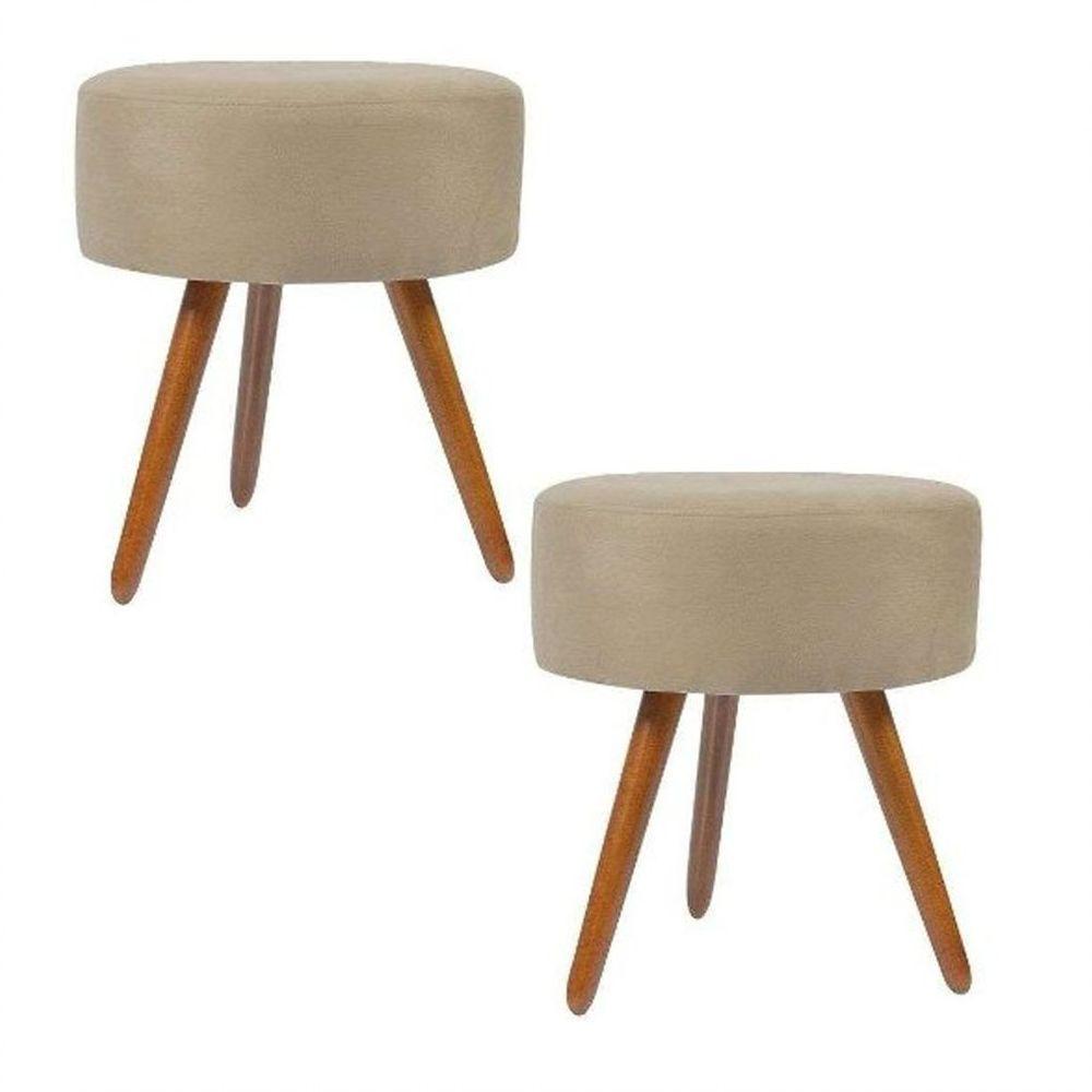 Kit 2 Puff Banqueta Redondo Para Sala Recepção Suede Bege Pés Palito - 1