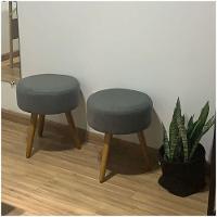 Kit 2 Puff Puf Banqueta Magnus Redondo Suede Cinza Pés Palito Castanho - 3