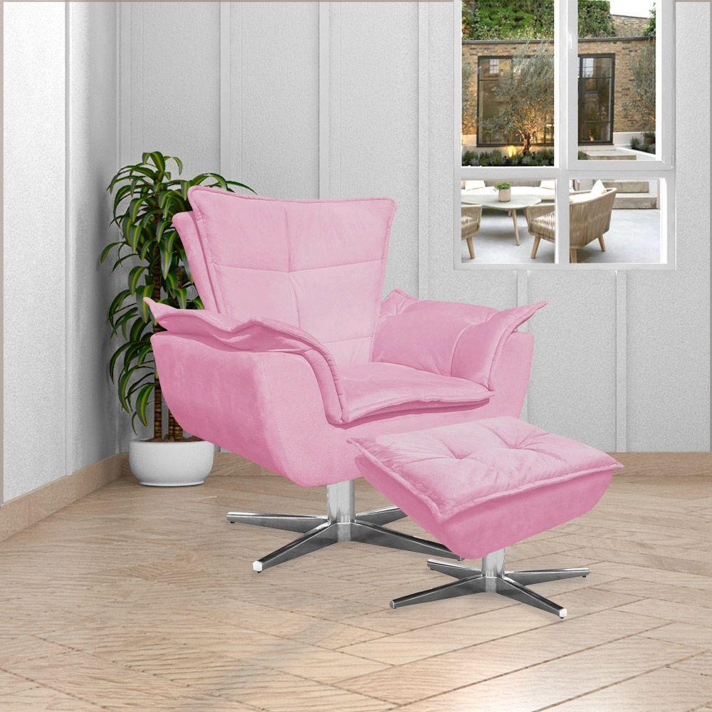 Kit 2 Puff'S Decorativos Base Giratória Cromada Charger Suede Rosa G19 - Gran Belo - 2