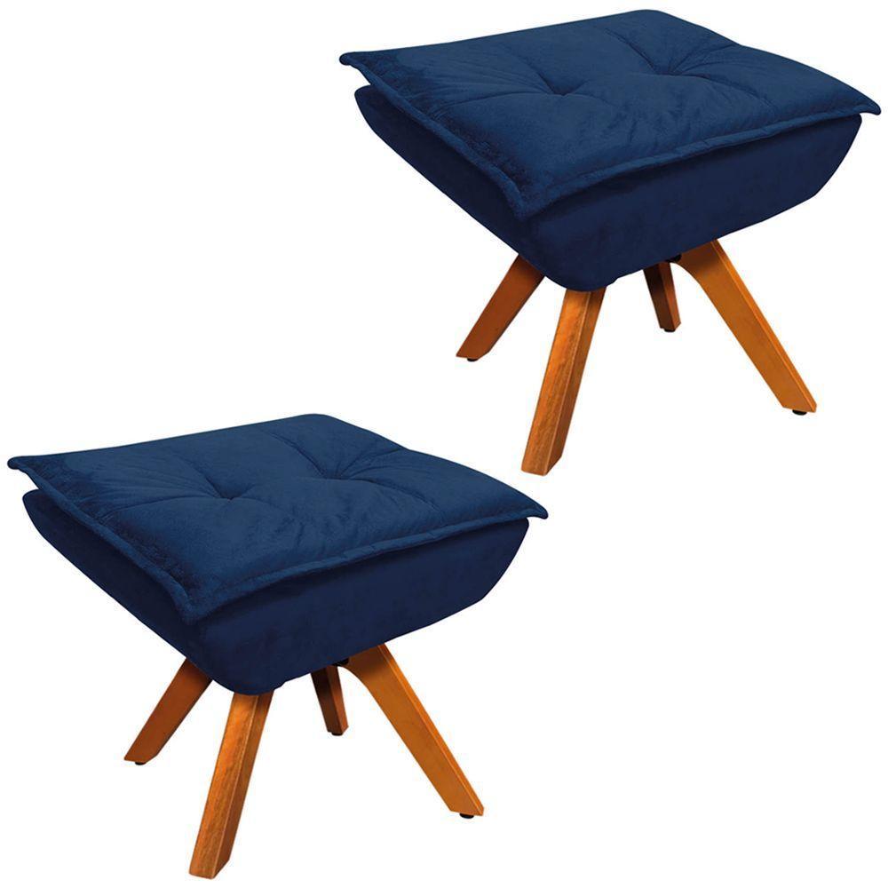 Kit 2 Puff'S Decorativos Base Giratória Em Madeira Charger Suede Azul Marinho G19 - Gran Belo - 1