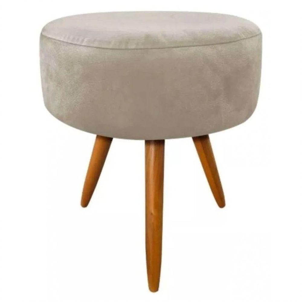 Puf Puff Banqueta Magnus Redondo Suede Bege Pés Palito Castanho - 1