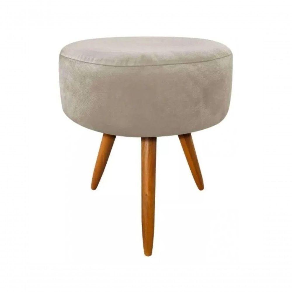 Puff Banqueta Magnus Redondo Suede Bege Pés Castanho Palito para Hall de Entrada E Sala - 1