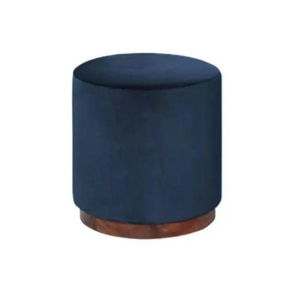 Puff Barcelona Decorativo Com Veludo Azul E Base Madeira - 1