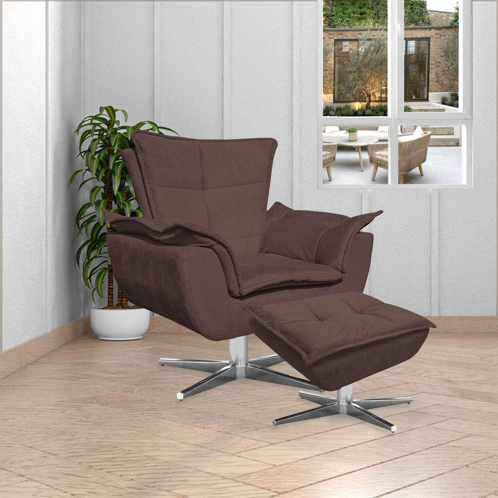 Puff Decorativo Base Giratória Cromada Charger Suede Marrom G19 - Gran Belo - 7