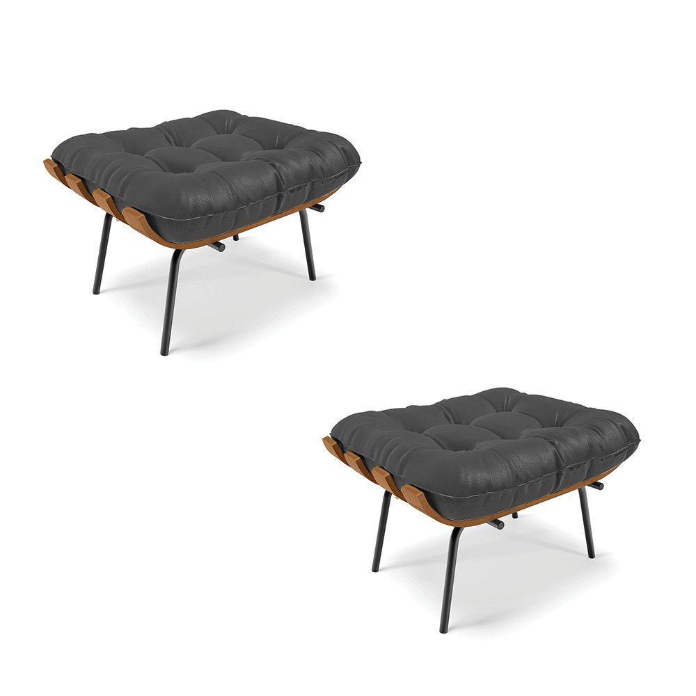 Kit 02 Puffs Costela Corino Base Metálica Preto Preto - 1