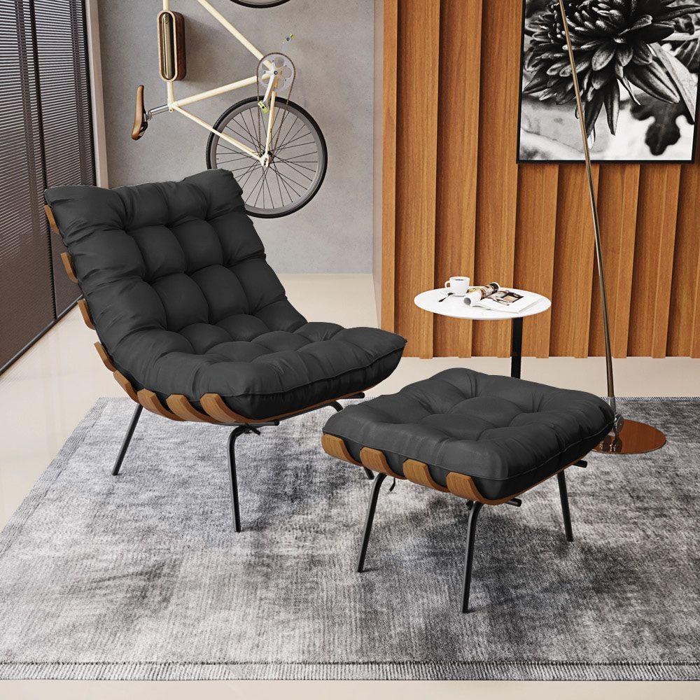 Kit 02 Puffs Costela Corino Base Metálica Preto Preto - 8