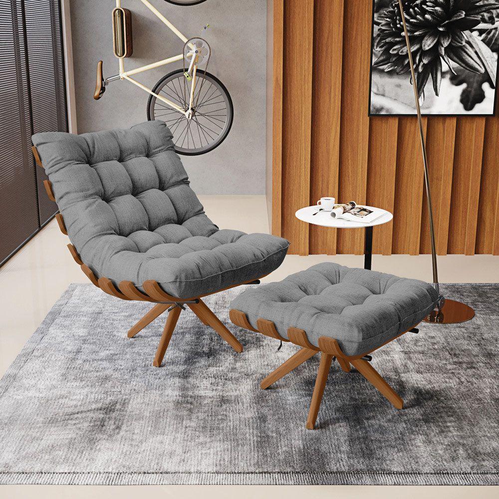 Kit 02 Puffs Giratório Costela Linho Base Madeira Grafite - 8