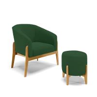 Kit 01 Poltrona E 01 Puff Base Madeira Castanho Cor Verde - 1