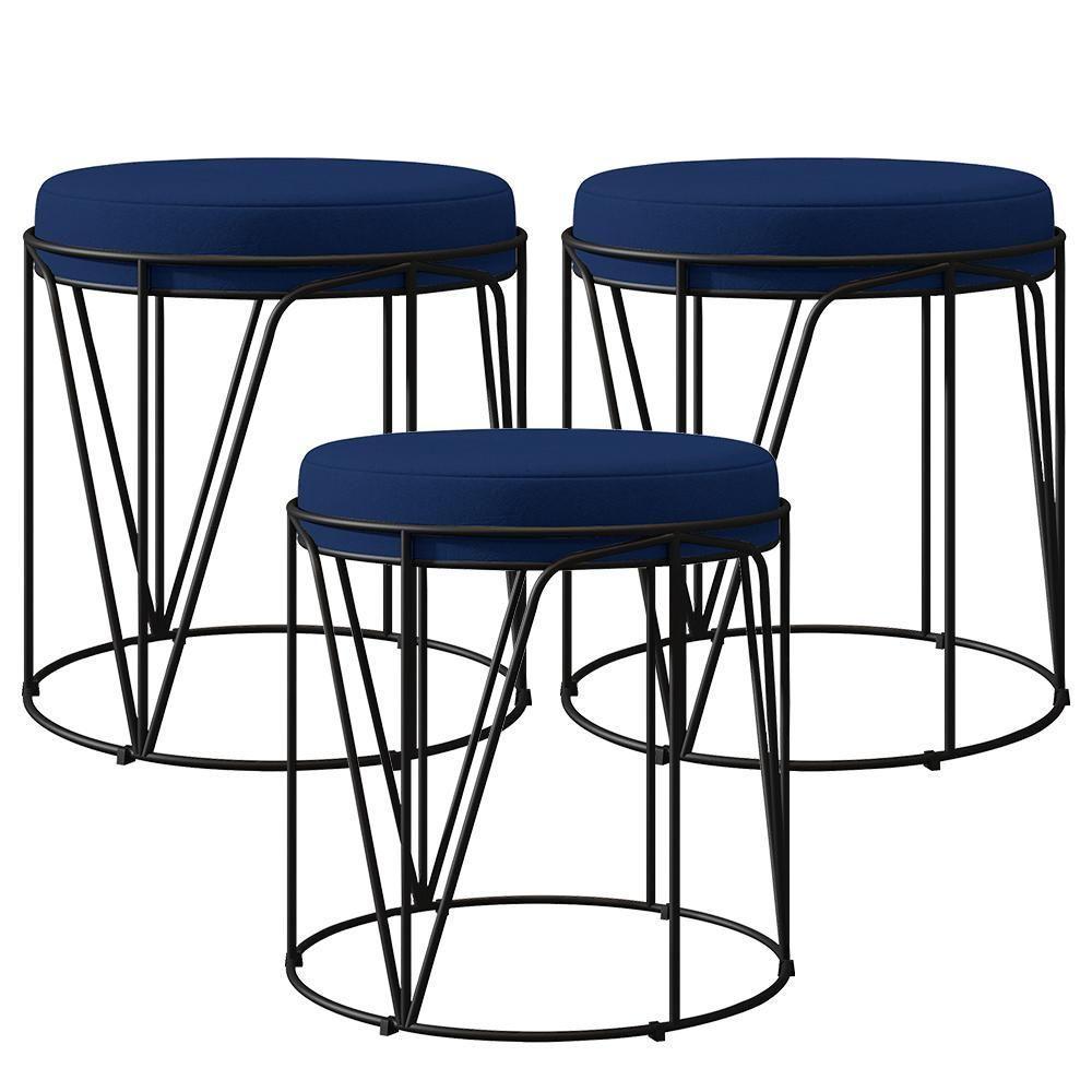 Kit 03 Puffs Aramado Preto Zaya L02 Suede Azul Marinho - 1