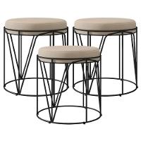 Kit 03 Puffs Aramado Preto Zaya L02 Suede Bege - 1