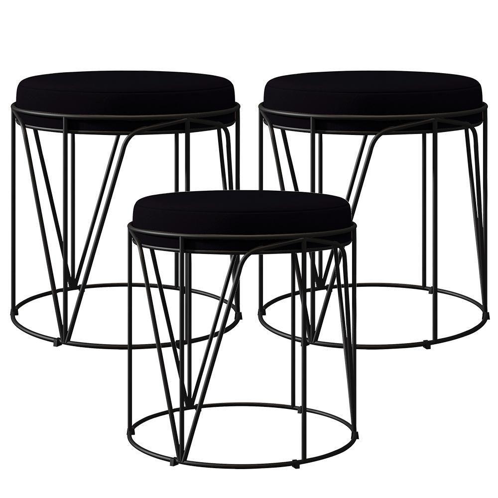 Kit 03 Puffs Aramado Preto Zaya L02 Suede Preto - 1