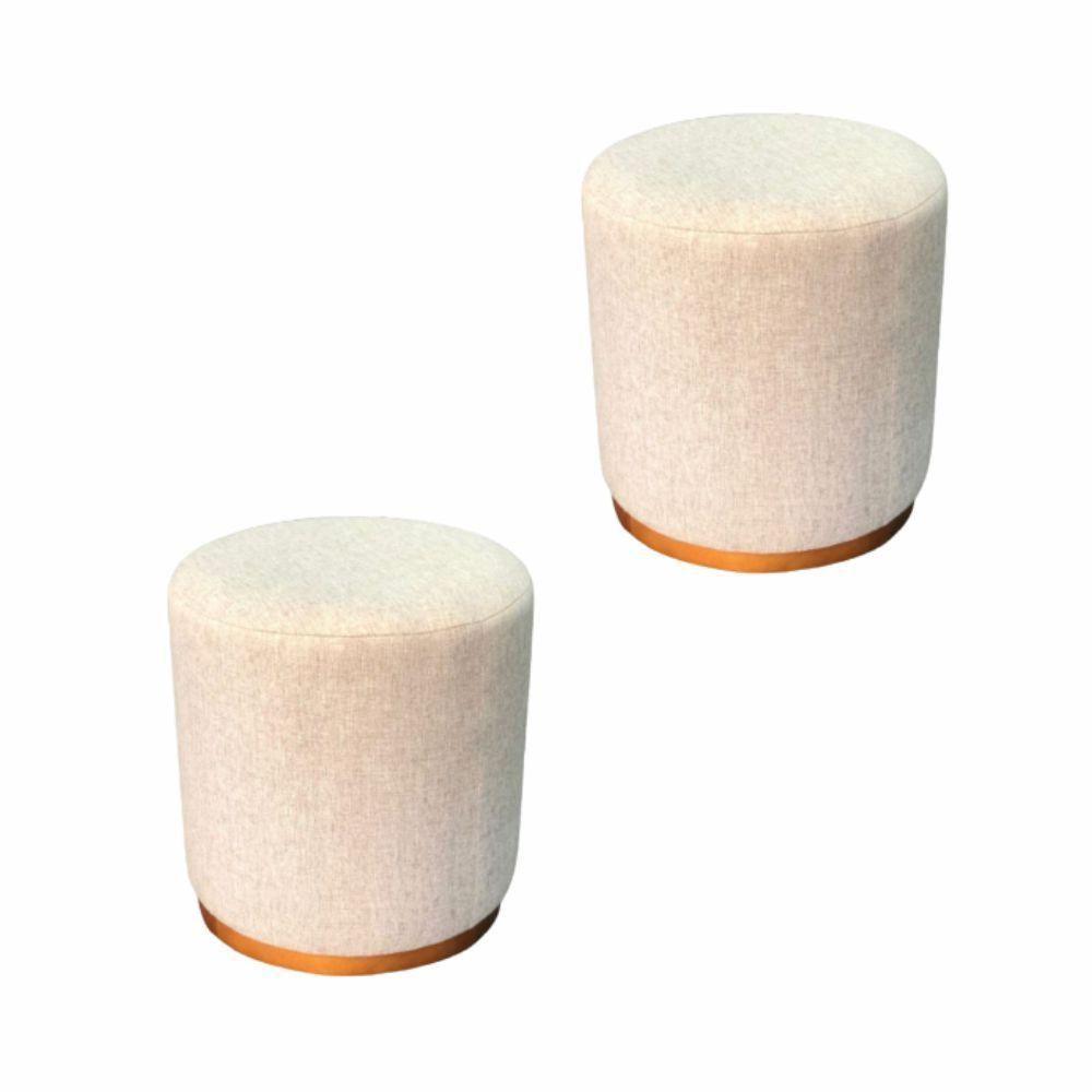 Kit 2 Puff Barcelona Decorativo Com Linho Bege E Base Madeira - 1
