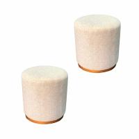 Kit 2 Puff Barcelona Decorativo Com Linho Bege E Base Madeira - 1